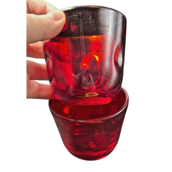 Pair Votive Candle Holder Red Dimple Glass Hand Blown Thick wall 3" Blenko? MCM - Picture 1 of 9